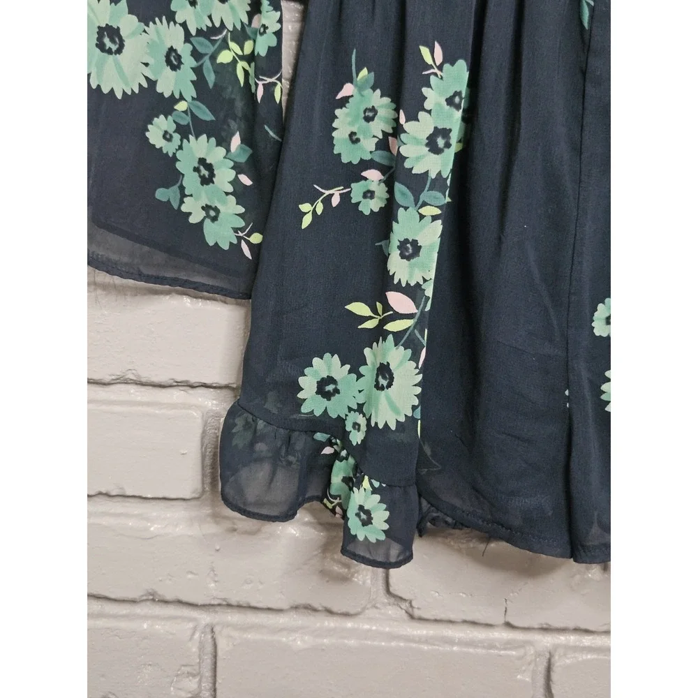 Meghan Los Angeles Women Romper Medium Green Floral Long Sleeve Wrap V Neck Boho